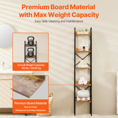 Metallbokhylla, industriell bokhylla med 5 våningar, hög smal rustik vintage förvaringsbokhylla med öppna hyllor, fristående displayhylla, för vardagsrum, sovrum och kontor