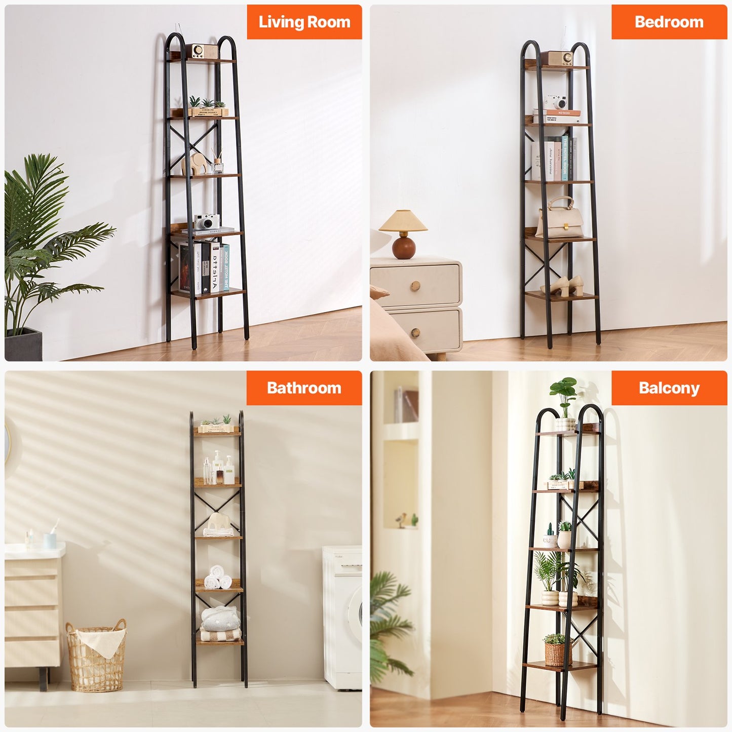 Metallbokhylla, industriell bokhylla med 5 våningar, hög smal rustik vintage förvaringsbokhylla med öppna hyllor, fristående displayhylla, för vardagsrum, sovrum och kontor