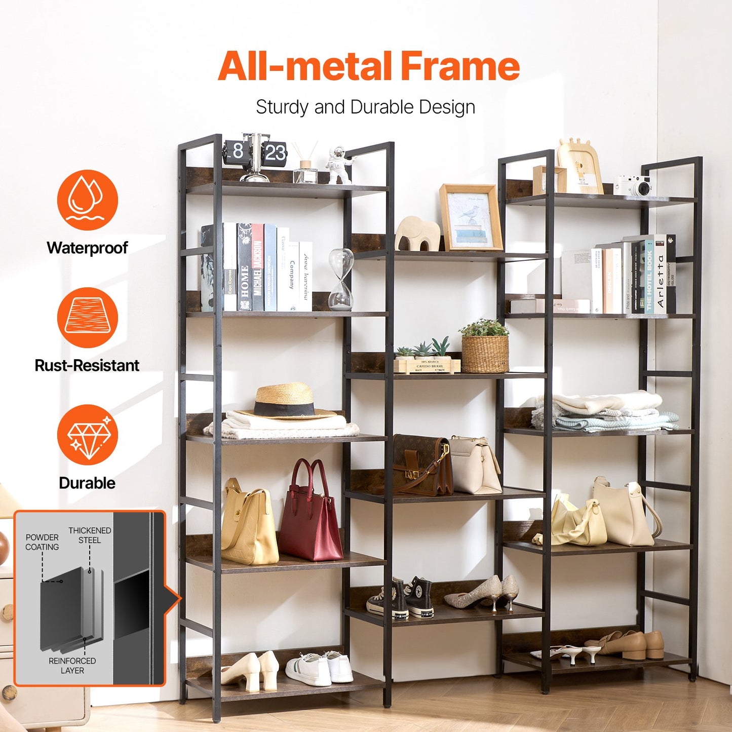Triple Metal Bookshelf, 14-Tier Industrial Bookshelf, Large Rustic Vintage Storage Bookcase with Open Shelves, Freestanding Display Shelving Unit Storage Rack, for Living room, Bedroom & Office