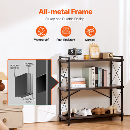 Metal Bookshelf, 3-Tier Industrial Bookshelf, Small Rustic Storage Display Bookcase with Open Shelves, Freestanding Display Vintage Shelving Unit Storage Rack, for Living room, Bedroom & Office