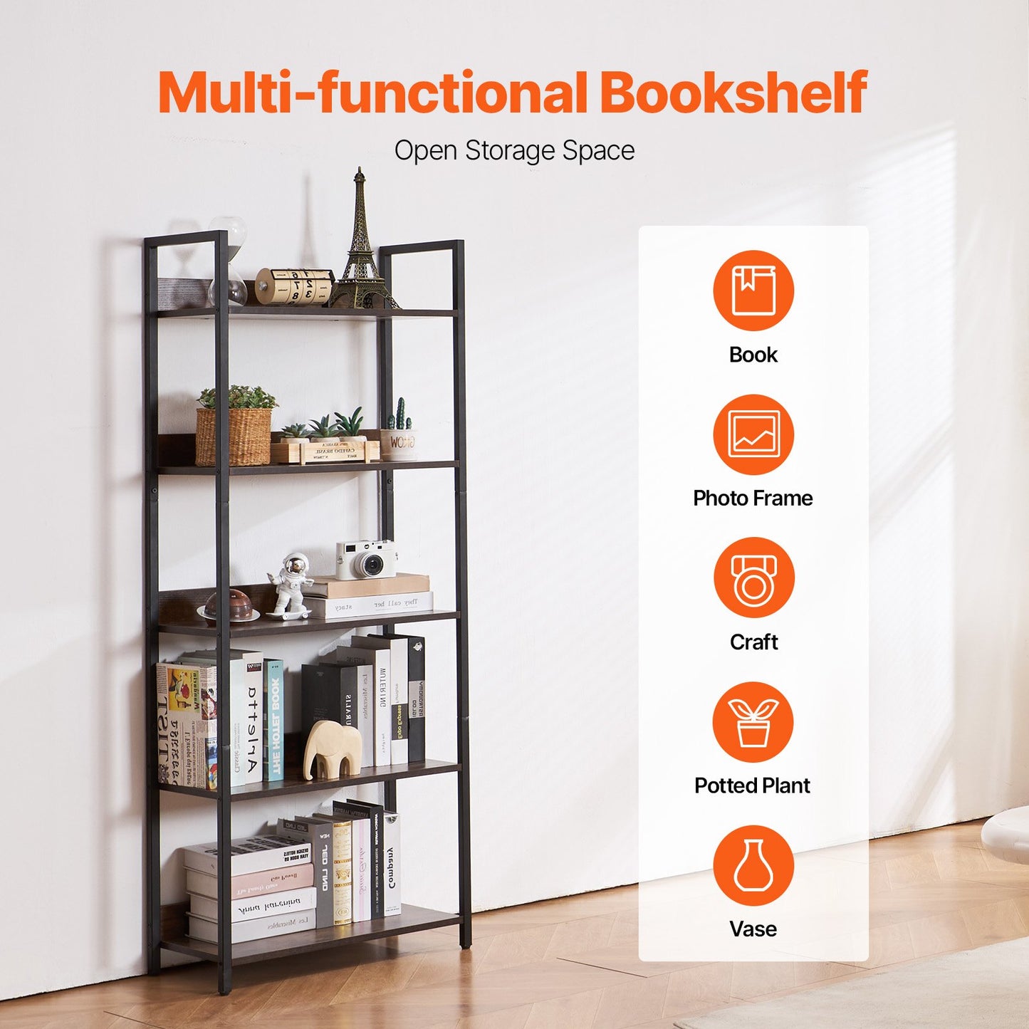 Metal Bookshelf, 5-Tier Tall Industrial Bookshelf, Rustic Display Vintage Storage Bookcase with Open Shelves, Freestanding Display Shelving Unit Storage Rack, for Living room, Bedroom & Office