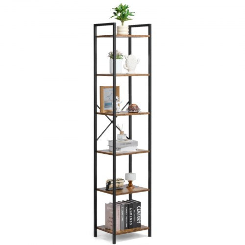 Metal Bookshelf, 6-Tier Industrial Bookcase, Tall Narrow Rustic Vintage Storage Bookshelf with Open Shelves, Freestanding Display Shelving Unit Storage Rack, for Living room, Bedroom & Office