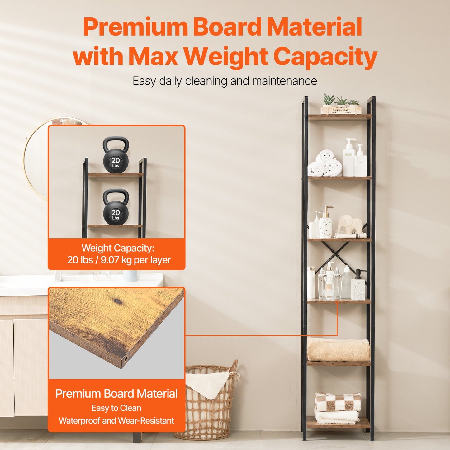 Metallbokhylla, industriell bokhylla med 6 våningar, hög smal rustik vintage förvaringsbokhylla med öppna hyllor, fristående displayhylla med förvaringsställ, för vardagsrum, sovrum och kontor