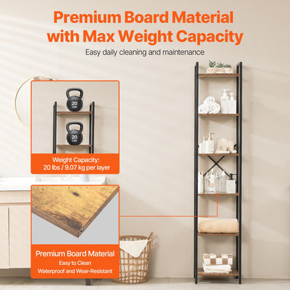 Metallbokhylla, industriell bokhylla med 6 våningar, hög smal rustik vintage förvaringsbokhylla med öppna hyllor, fristående displayhylla med förvaringsställ, för vardagsrum, sovrum och kontor