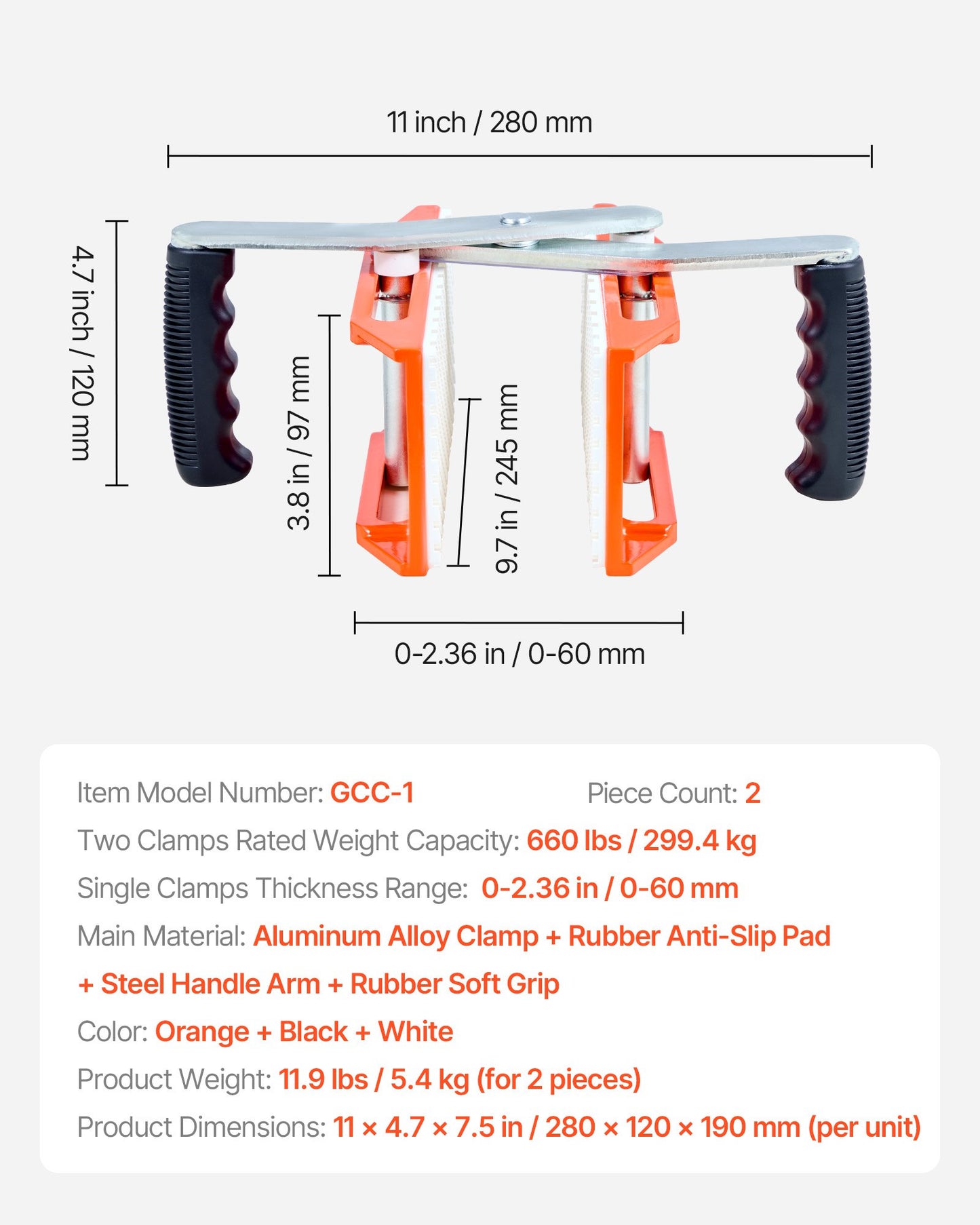 Double Handed Stone Carrying Clamps, 299 kg Load Capacity, 2 Pack Granite Panel Carriers Lifting Tools with Rubber-lined (0-60 mm), Heavy Duty lifting Clamps for Plywood, Glass, Granite
