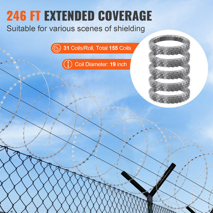 Razor Wires, 75 m Razor Barbed Wire, 5 Rolls Razor Wire Fencing Razor Fence, Razor Ribbon Barbed Wire Galvanized Razor Wire Fence, Rolls Razor for Garden
