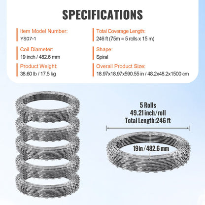 Razor Wires, 75 m Razor Barbed Wire, 5 Rolls Razor Wire Fencing Razor Fence, Razor Ribbon Barbed Wire Galvanized Razor Wire Fence, Rolls Razor for Garden