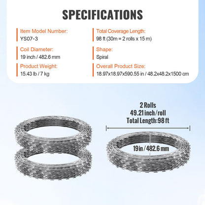 Razor Wires, 98 ft Razor Barbed Wire, 2 Rolls Razor Wire Fencing Razor Fence, Razor Ribbon Barbed Wire Galvanized Razor Wire Fence, Rolls Razor for Garden