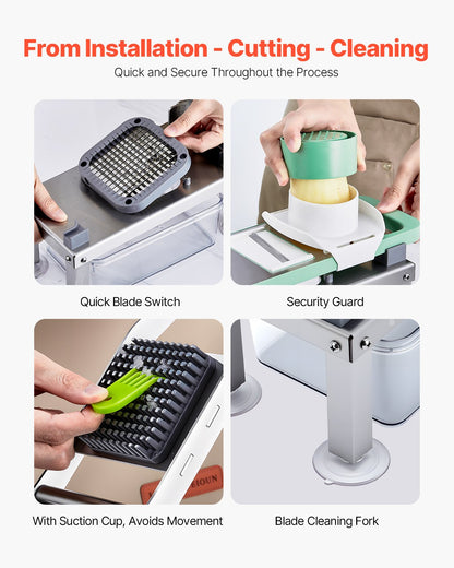 Grönsakshackare Mandolin Skärare, Allt-i-1 Mat Grönsaksskärare med 8 Rostfria Blad, Ostrivjärn Lök Potatis Sallad Tärnare med Behållare, Köksredskap och Essentials Hushållsapparater