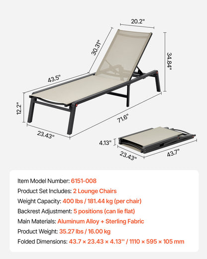 Outdoor Chaise Lounge Chair Set of 2, 181 kg Weight Capacity, Foldable Sun Tanning Chair, 5 Adjustable Positions, Easy Assembly, Aluminum Pool Recliner Lounge Chairs, for Beach Yard Patio