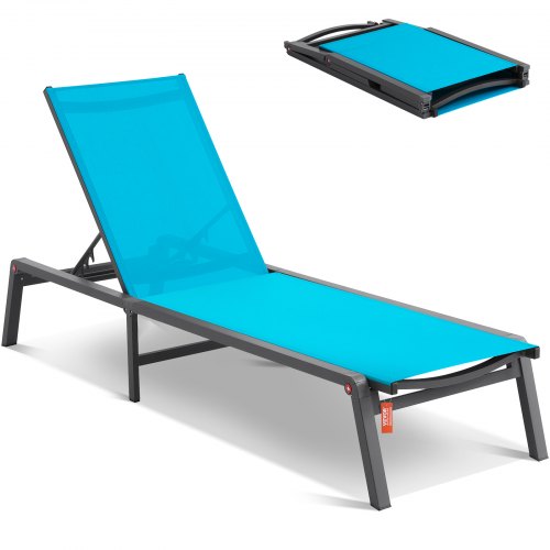 Chaise Lounge Chair Outdoor, Aluminum Patio Lounge Chair with Adjustable 5-Position, Folding Pool Lounge Chair Recliner and Full Flat Tanning Chair for Patio, Beach, Pool, Blue