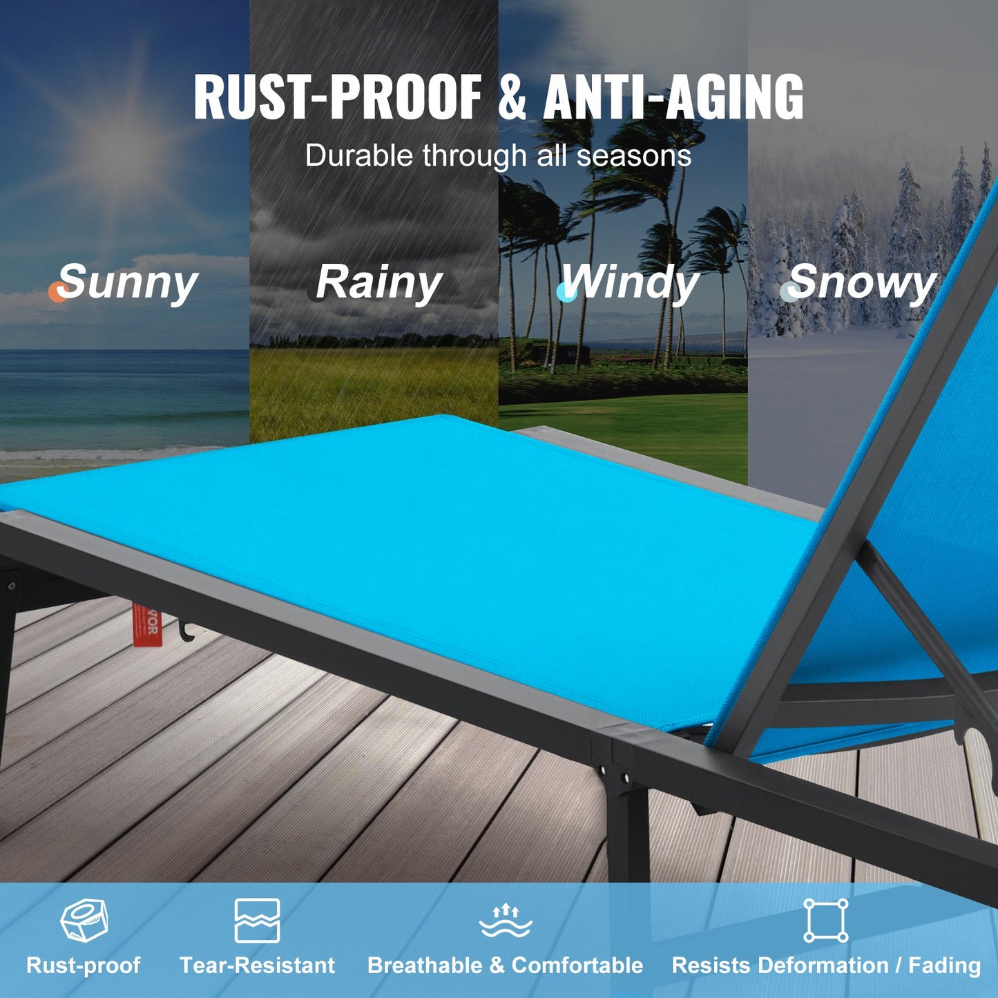 Schäslongstol utomhus, aluminium uteplatsloungestol med justerbar 5-lägen, hopfällbar poolloungestol och helt platt solariumstol för uteplats, strand, pool, blå