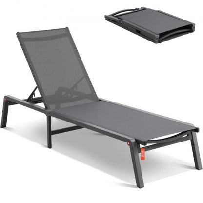 Chaise Lounge Chair Outdoor, Aluminum Patio Lounge Chair with Adjustable 5-Position, Folding Pool Lounge Chair Recliner and Full Flat Tanning Chair for Patio, Beach, Pool, Dark Grey