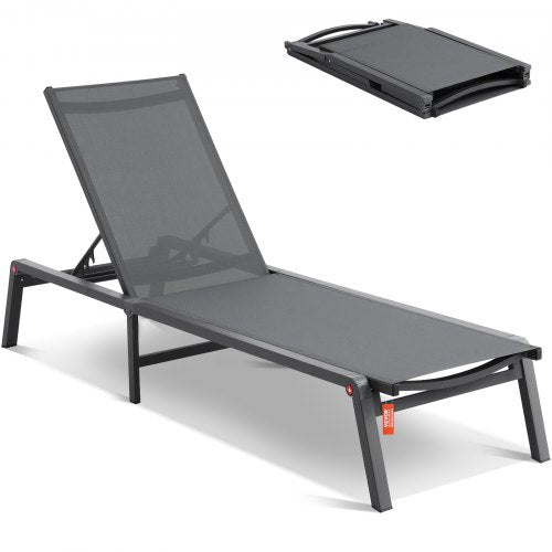 Chaise Lounge Chair Outdoor, Aluminum Patio Lounge Chair with Adjustable 5-Position, Folding Pool Lounge Chair Recliner and Full Flat Tanning Chair for Patio, Beach, Pool, Dark Grey