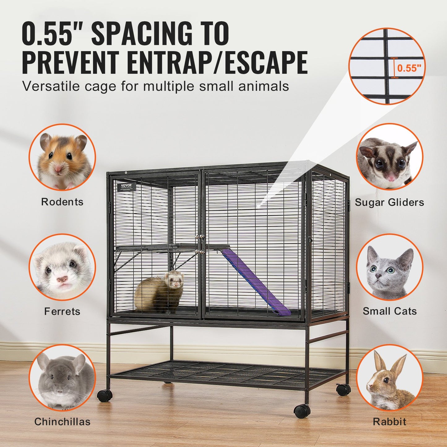 39" Rolling Metal Ferret Cage, Large 2-Tier Critter Nation Cage, Small Animal Cage with Ramps & Tray, Easy to Set up for Pet Rats, Hamster, Guinea Pig, Chinchilla, Squirrel, Hedgehogs, Bunny