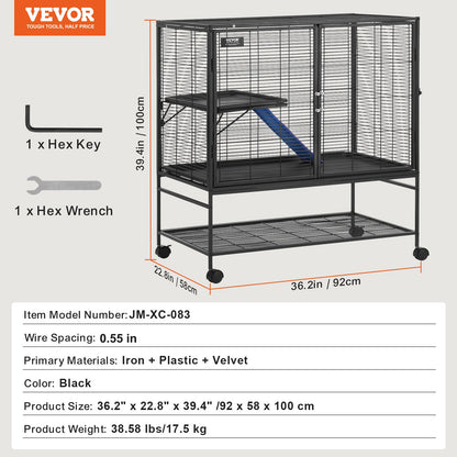 39" Rolling Metal Ferret Cage, Large 2-Tier Critter Nation Cage, Small Animal Cage with Ramps & Tray, Easy to Set up for Pet Rats, Hamster, Guinea Pig, Chinchilla, Squirrel, Hedgehogs, Bunny