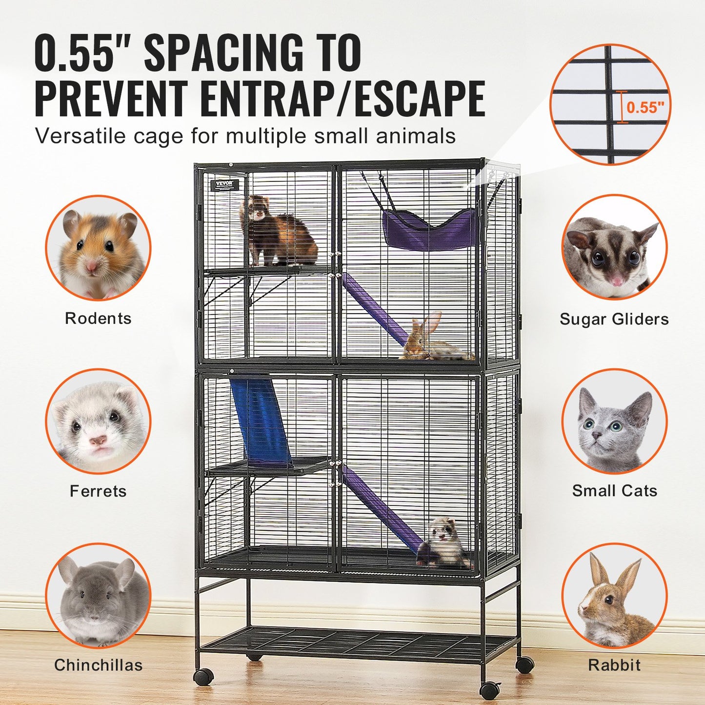 164.1 cm Metal Small Animal Cage 4-Tier Rolling Ferret Cage with Tray 3 Ramps