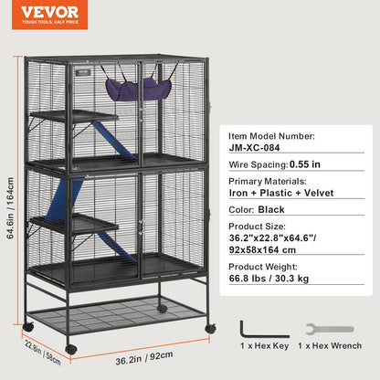 164.1 cm Metal Small Animal Cage 4-Tier Rolling Ferret Cage with Tray 3 Ramps