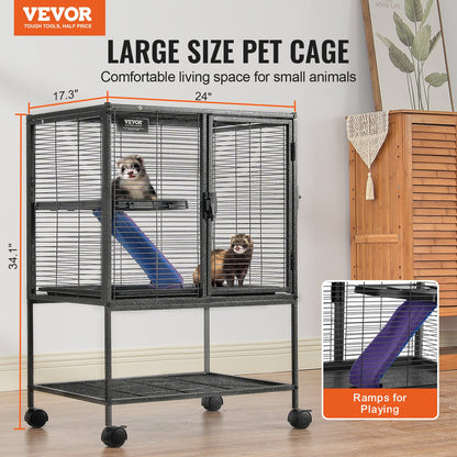 34" Rolling Metal Ferret Cage, Large 2-Tier Critter Nation Cage, Small Animal Cage with Ramps & Tray, Easy to Set up for Pet Rats, Hamster, Guinea Pig, Chinchilla, Squirrel, Hedgehogs, Bunny