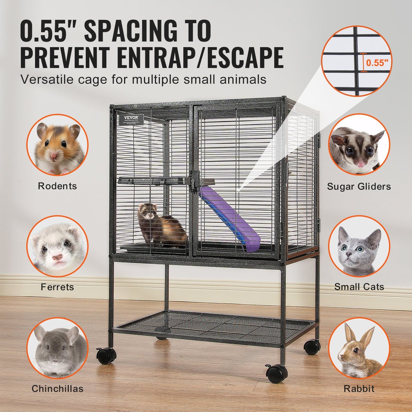 34" Rolling Metal Ferret Cage, Large 2-Tier Critter Nation Cage, Small Animal Cage with Ramps & Tray, Easy to Set up for Pet Rats, Hamster, Guinea Pig, Chinchilla, Squirrel, Hedgehogs, Bunny