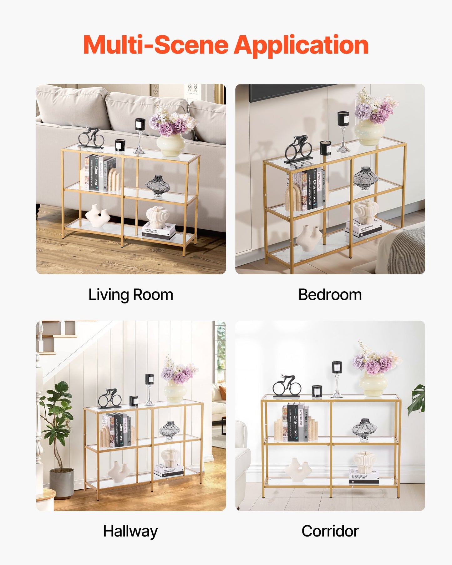 3-Tier Glass Console Table, Modern Rectangle Sofa Side Table with Tempered Glass Top and Iron Legs, Golden Consloe Desk with Anti-Tip Device for Living Room, Hallway, Entryway, Foyer, Golden