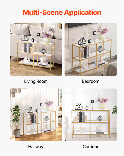 3-Tier Glass Console Table, Modern Rectangle Sofa Side Table with Tempered Glass Top and Iron Legs, Golden Consloe Desk with Anti-Tip Device for Living Room, Hallway, Entryway, Foyer, Golden
