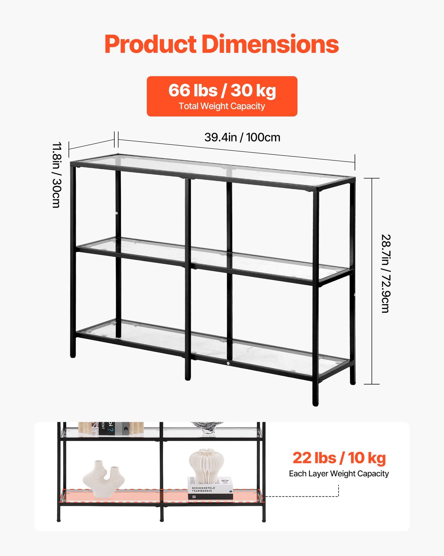 3-Tier Glass Console Table, Modern Rectangle Sofa Side Table with Tempered Glass Top and Iron Legs, Golden Consloe Desk with Anti-Tip Device for Living Room, Hallway, Entryway, Foyer, Black