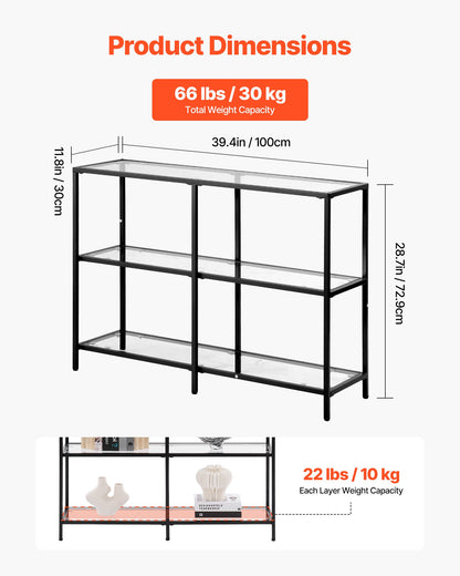 3-Tier Glass Console Table, Modern Rectangle Sofa Side Table with Tempered Glass Top and Iron Legs, Golden Consloe Desk with Anti-Tip Device for Living Room, Hallway, Entryway, Foyer, Black