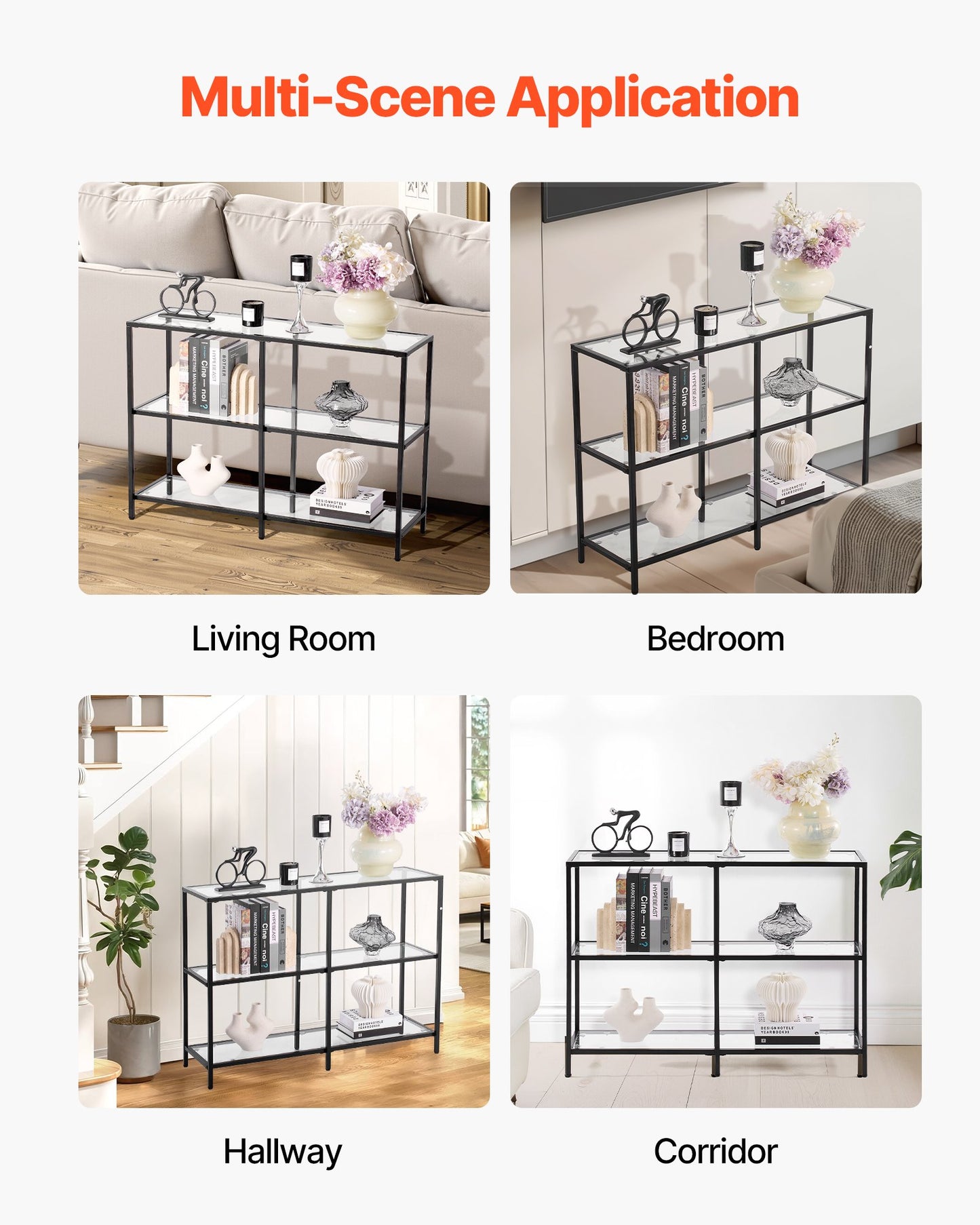 3-Tier Glass Console Table, Modern Rectangle Sofa Side Table with Tempered Glass Top and Iron Legs, Golden Consloe Desk with Anti-Tip Device for Living Room, Hallway, Entryway, Foyer, Black