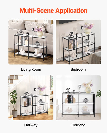 3-Tier Glass Console Table, Modern Rectangle Sofa Side Table with Tempered Glass Top and Iron Legs, Golden Consloe Desk with Anti-Tip Device for Living Room, Hallway, Entryway, Foyer, Black