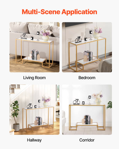Konsolbord i glas med 2 våningar, modernt rektangulärt sidobord i härdat glas och järnben, gyllene Consloe-skrivbord med tippsäkert skydd för vardagsrum, hall, entré, foajé, gyllene