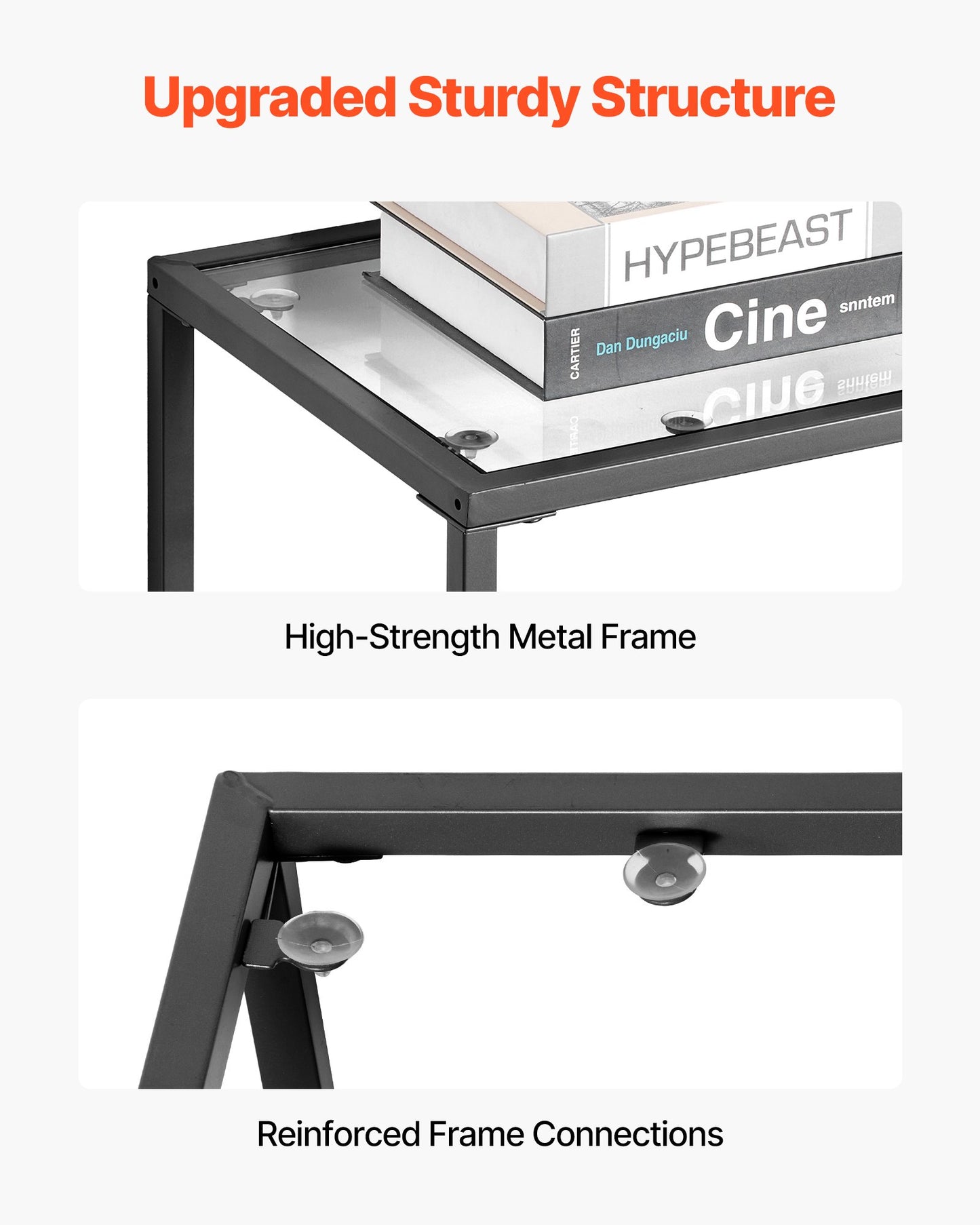 Konsolbord i glas med 2 våningar, modernt rektangulärt sidobord i härdat glas och järnben, gyllene Consloe-skrivbord med tippsäkert skydd för vardagsrum, hall, entré, foajé, svart