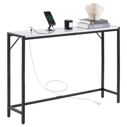 Marble Console Table, Modern Narrow Long Console Table with Power Outlet, Thin Sofa Side Table with Iron Tubes, Anti-Tip Device and Triangular Support for Living Room, Hallway, Entryway, Foyer