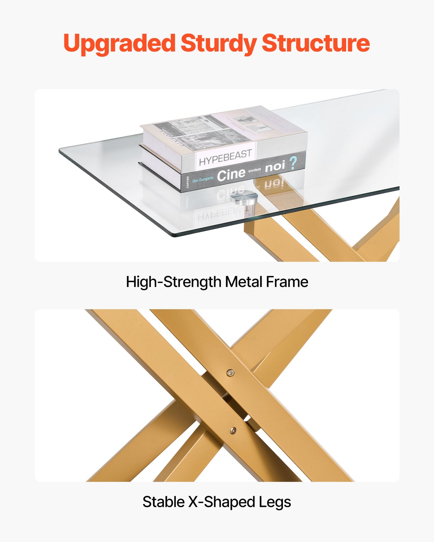 Soffbord i glas, modernt rektangulärt sidobord i soffa med härdat glas och korsben i järn, gyllene geometriskt Consloe-skrivbord med justerbara halkfria fotplattor för vardagsrum, entré, foajé