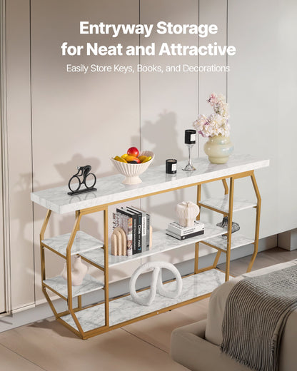 Marmorkonsolbord, 3 våningar modernt konsolbord för öppen förvaring, gyllene geometriskt bord med järnrör, tippskydd och triangulärt stöd för vardagsrum, hall, entré, foajé