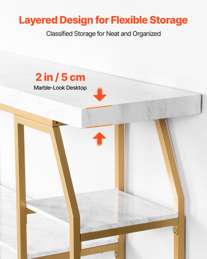 Marmorkonsolbord, 3 våningar modernt konsolbord för öppen förvaring, gyllene geometriskt bord med järnrör, tippskydd och triangulärt stöd för vardagsrum, hall, entré, foajé