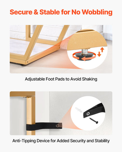 Marmorkonsolbord, 3 våningar modernt konsolbord för öppen förvaring, gyllene geometriskt bord med järnrör, tippskydd och triangulärt stöd för vardagsrum, hall, entré, foajé