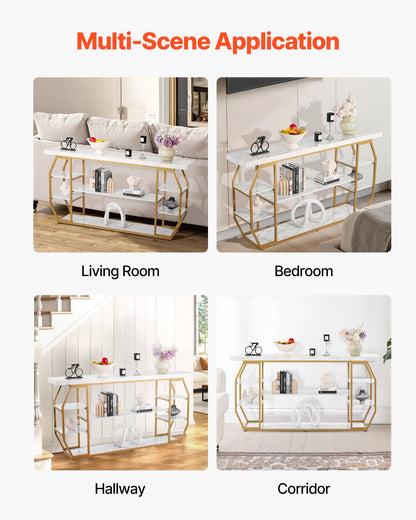 Marmorkonsolbord, 3 våningar modernt konsolbord för öppen förvaring, gyllene geometriskt bord med järnrör, tippskydd och triangulärt stöd för vardagsrum, hall, entré, foajé