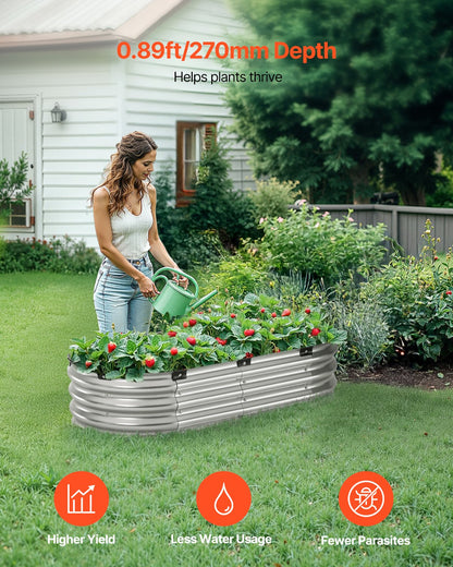 Metal Raised Garden Bed, 4 x 2 x 1 ft Outdoor Galvanized Planter Box, with Open Bottom, Large Oval Planter Raised Bed for Gardening Vegetables, Flowers, Herbs, and Succulent Plants, Silver