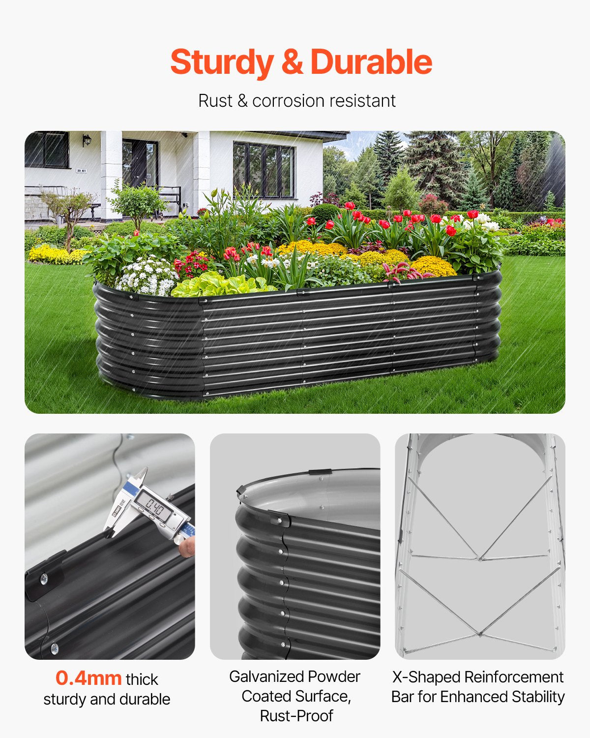 Metal Raised Garden Bed, 6.53 x 1.96 x 1.4 ft Outdoor Galvanized Planter Box, Open Bottom, Large Oval Planter Raised Bed for Gardening Vegetables, Flowers, Herbs, and Succulent Plants, Dark Gray