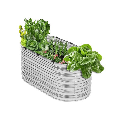 Metal Raised Garden Bed, 4 x 2 x 2 ft Outdoor Galvanized Planter Box, with Open Bottom, Large Oval Planter Raised Bed for Gardening Vegetables, Flowers, Herbs, and Succulent Plants, Silver