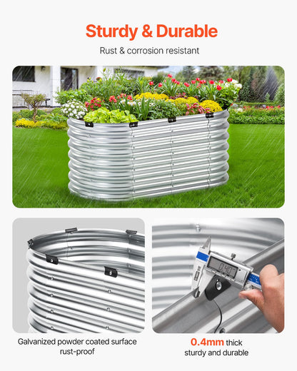Upphöjd trädgårdsbädd i metall, 12,5 x 6,5 x 6,5 m galvaniserad planteringslåda för utomhusbruk, med öppen botten, stor oval planteringsbädd för trädgårdsskötsel av grönsaker, blommor, örter och suckulenter, silver