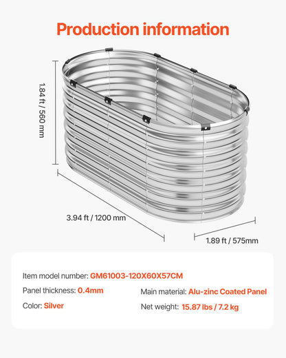 Upphöjd trädgårdsbädd i metall, 12,5 x 6,5 x 6,5 m galvaniserad planteringslåda för utomhusbruk, med öppen botten, stor oval planteringsbädd för trädgårdsskötsel av grönsaker, blommor, örter och suckulenter, silver