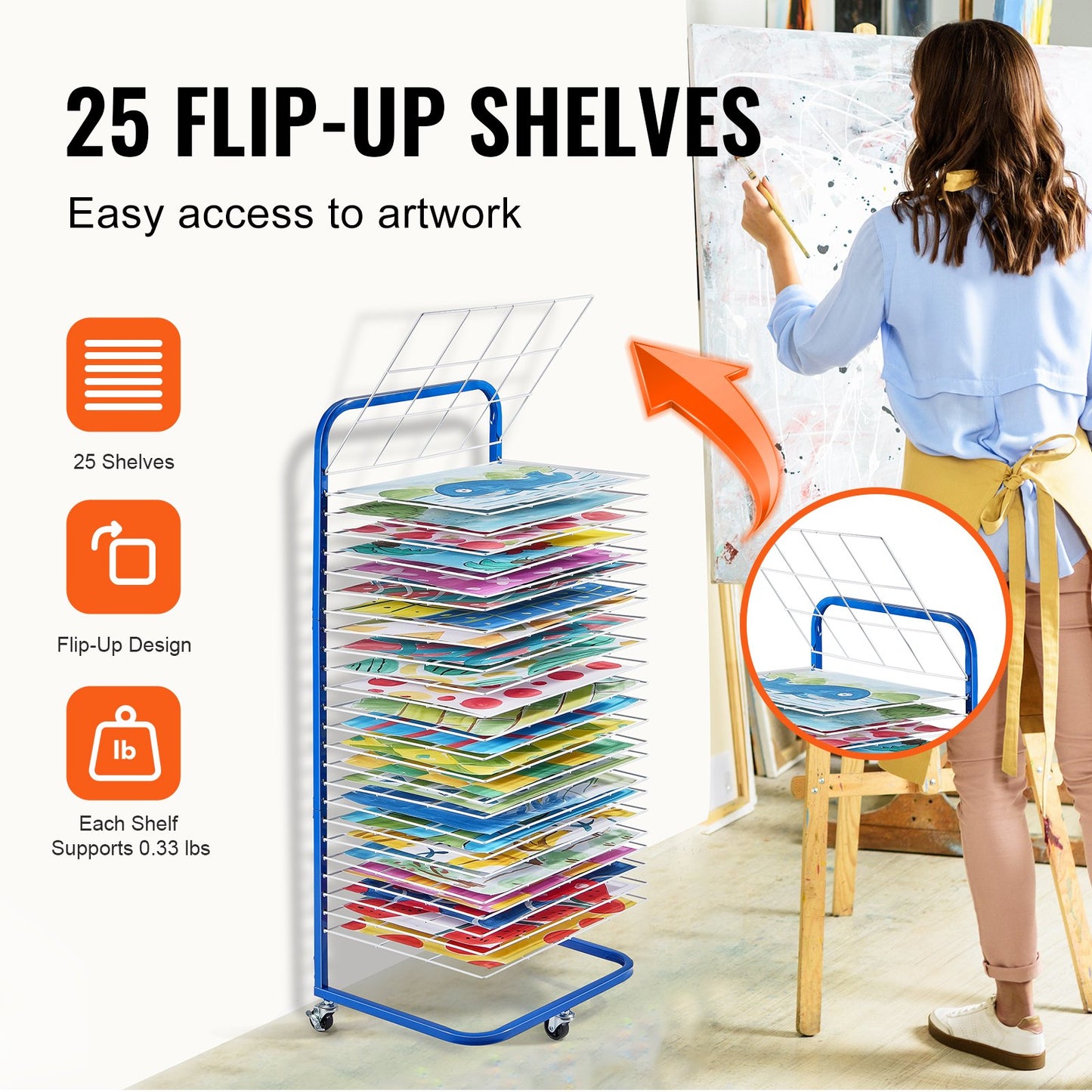 Art Drying Rack, 25 Removable Shelves 17 x 13 x 39.4 inch Paint Drying Rack With Lockable Wheels, Carbon Steel Painting Drying Rack for Artwork in Classroom, Art Studios and Schools, Blue+White