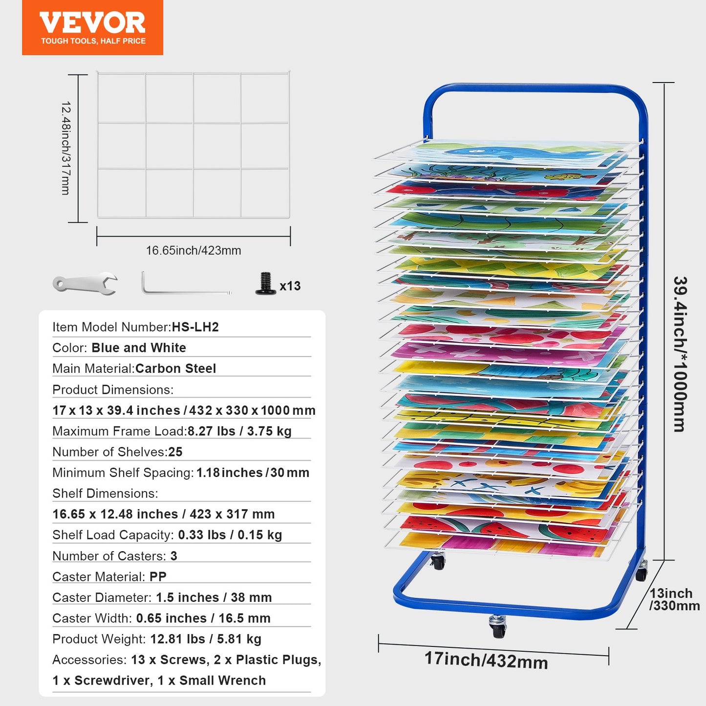 Art Drying Rack, 25 Removable Shelves 17 x 13 x 39.4 inch Paint Drying Rack With Lockable Wheels, Carbon Steel Painting Drying Rack for Artwork in Classroom, Art Studios and Schools, Blue+White