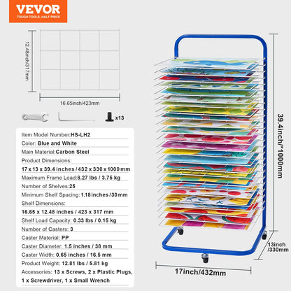 Art Drying Rack, 25 Removable Shelves 17 x 13 x 39.4 inch Paint Drying Rack With Lockable Wheels, Carbon Steel Painting Drying Rack for Artwork in Classroom, Art Studios and Schools, Blue+White