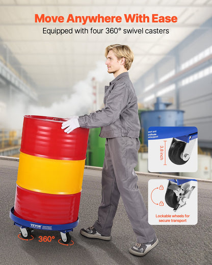 225-liters fatvagn, 900 kg lastkapacitet, kraftig fatvagn med tvärstag och 4 svängbara hjul, tippfria handvagnar med kapacitet för lagertrumhantering, blå