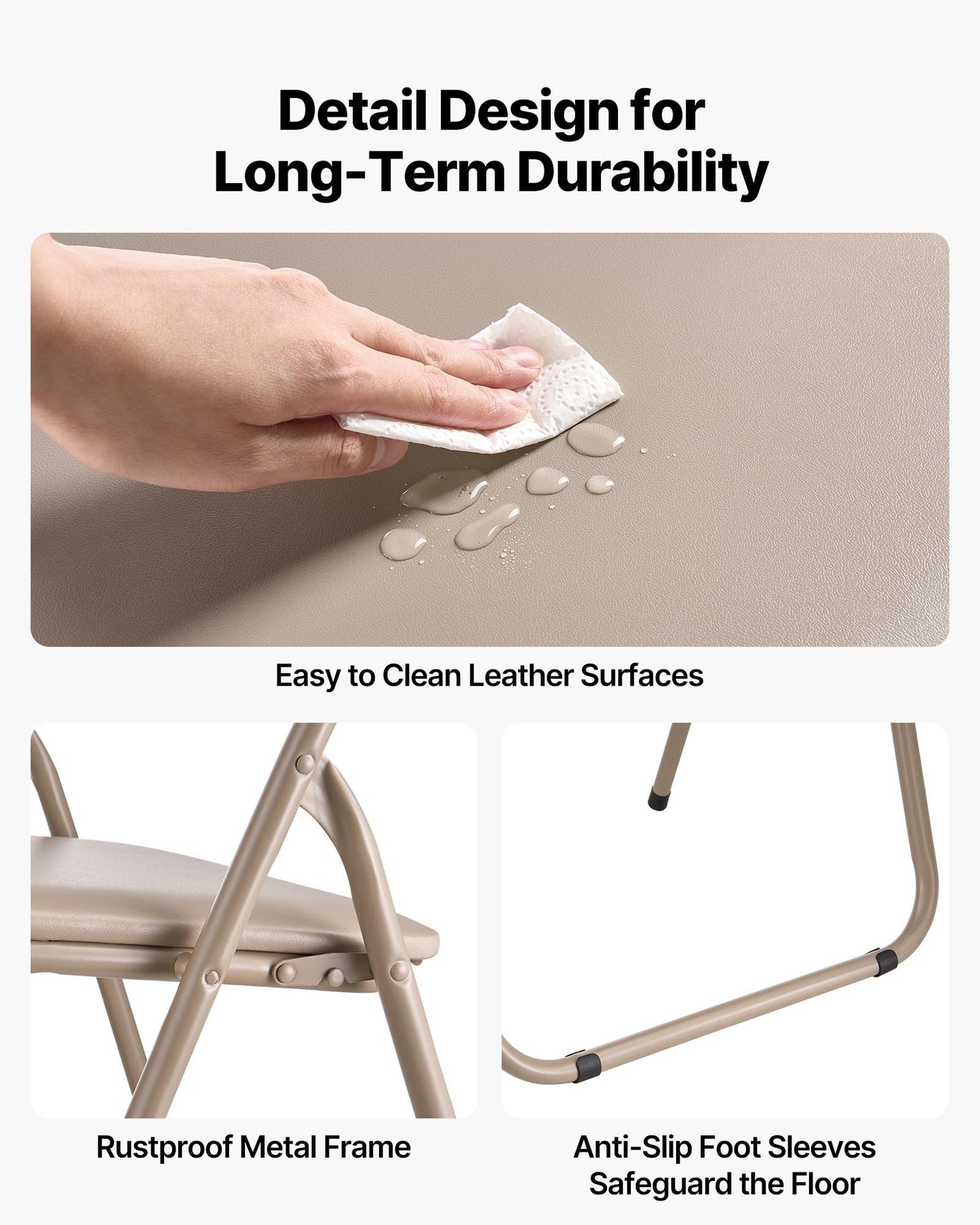 4-pack fällstolar, hopfällbara läderfåtöljer med kraftig metallram och vadderad dyna, bärbara hopfällbara kortstolar, stapelbara säten för hem, trädgård, fester, evenemang, kaki