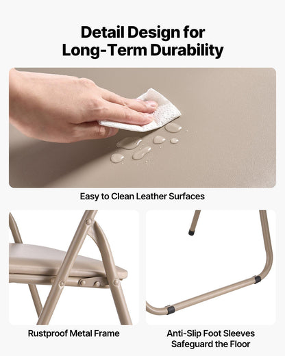 4-pack fällstolar, hopfällbara läderfåtöljer med kraftig metallram och vadderad dyna, bärbara hopfällbara kortstolar, stapelbara säten för hem, trädgård, fester, evenemang, kaki
