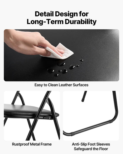 4 Pack Folding Chairs, Foldable Leather Chairs with Heavy Duty Metal Frame & Padded Cushion, Portable Folding Card Table Chairs, Stackable Seats for Home, Yard, Garden, Parties, Events, Black